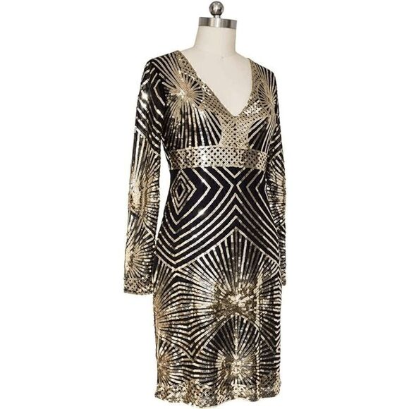 ✨ Art Deco Flapper Great Gatsby Roaring 1920s Retro Gold Sequin Dress SIZE M NWT - Picture 3 of 11